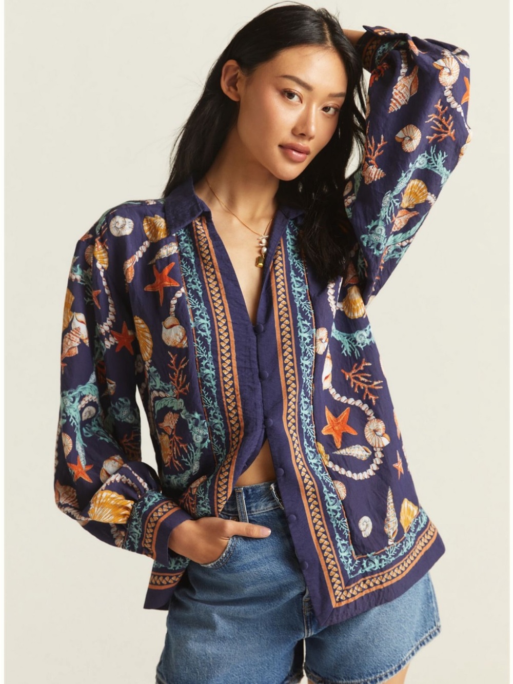 Maeve Navy Ocean-Print Button-Down Shirt-XXS